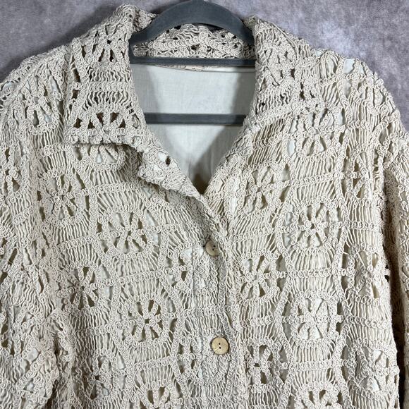 Illa Illa Cardigan Sweater Womens Medium Ivory Crochet Button Front Boho Cottage - Picture 2 of 10
